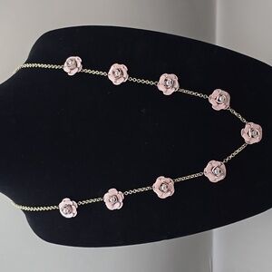 Single Strand Necklace 28" Metal Rose Pink Gold Center Pearl Victorian Jewelry